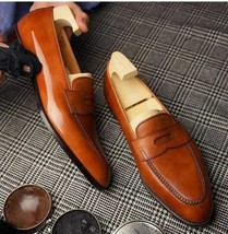 Men&#39;s Handmade Tan Brown Leather dress shoes, Men leather moccasins Loafer - £127.40 GBP