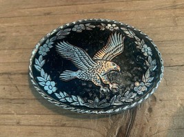 Belt Buckle: Black &amp; Silver Metal Floral Circled Flying Eagle: Oval - £15.96 GBP