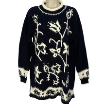 Vintage Dana Scott Tunic Mock Neck Sweater Size M Black Floral Beaded Wool  - £27.05 GBP