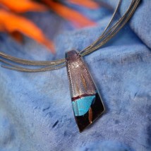 Dichroic Glass Choker Necklace Blue Cable Pendant Foil Fused Abstract Metallic - £15.81 GBP