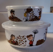 Snoopy Peanuts vent lid ceramic bowls FALL LEAVES - set of 2 - NEW small... - £34.25 GBP