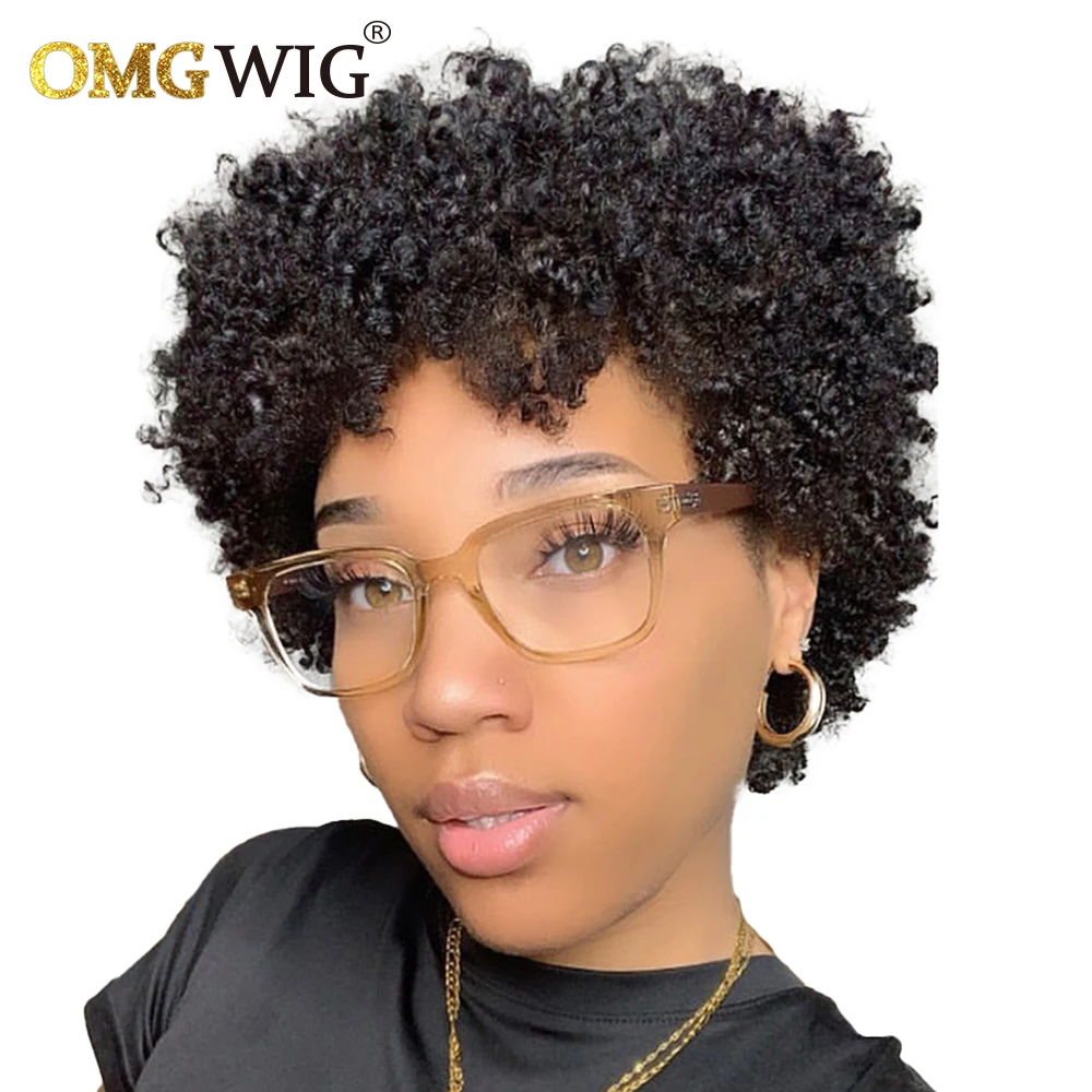Short Pixie Cut Curly Human Hair Wigs With Bangs Afro Kinky Curl Wig With Ba - £41.33 GBP