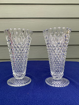 Vtg Indiana Glass Diamond Point crystal clear pair of vases, 8&quot; tall, excellent - £15.95 GBP