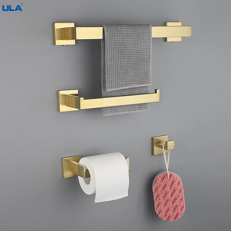 House Home ULA Golden Bathroom Hardware Set Square Robe Wall Hooks Single Towel  - £39.96 GBP