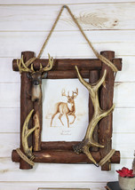 Large Rustic Buckhorn Stag Deer Antlers With Wooden Logs 8&quot;X10&quot; Photo Frame - $71.99