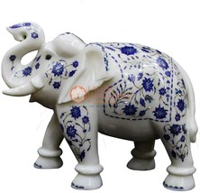 12&quot; Marble Elephant Sculpture Lapis Lazuli Inlay Floral Design Home Gift Decors - £1,191.09 GBP
