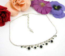 Charms Necklace Vintage Black Gem &amp; Tiny Faux Pearl Dangles Silvertone 19&quot; - £13.57 GBP