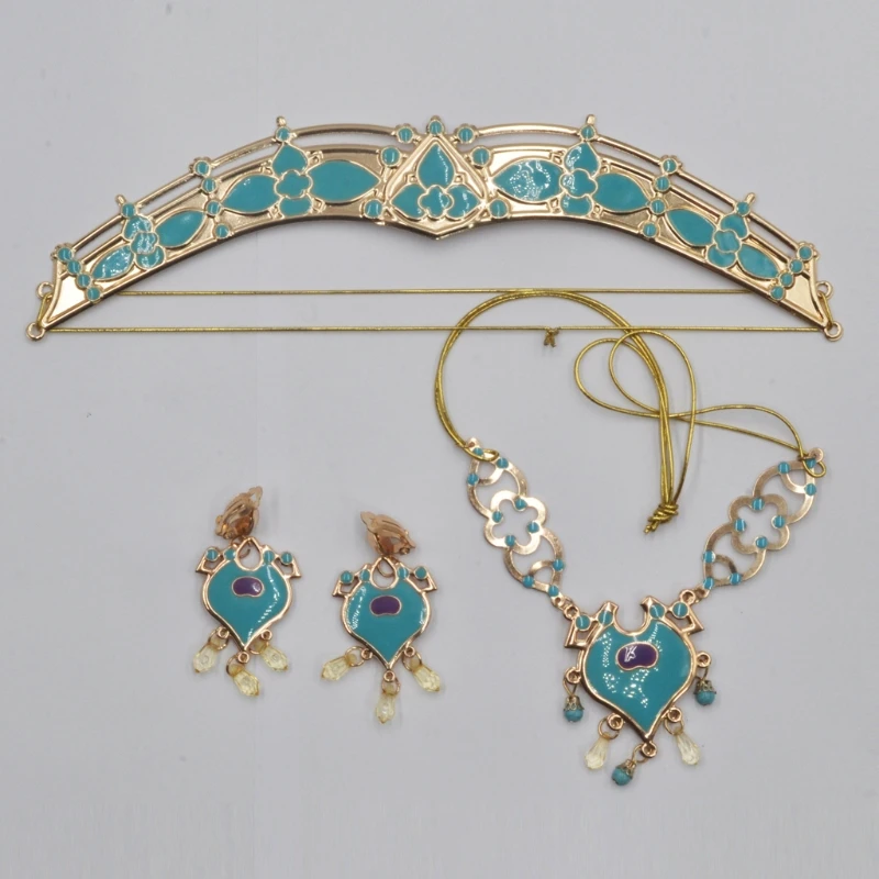 Women Jasmine Royal Crown Headband Earrings Pendant Necklace Jewelry Set Teal Dr - £11.84 GBP