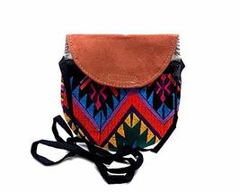 Mia Jewel Shop Mini Round Multicolored Tribal Embroidered Tan Vegan Leather Sued - £14.00 GBP