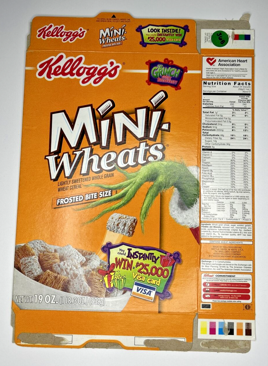 Primary image for 2001 Empty Mini-Wheats Visa Offer The Grinch 19OZ Cereal Box SKU U200/368
