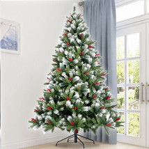 Artificial Christmas Tree Flocked Pine Needle Tree with Cones Red Berries 7.5 ft - £118.00 GBP