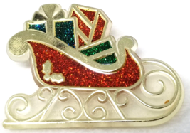 Christmas Sleigh Full of Gifts Gold Red Green Color Plastic Metal Vintage - $12.30