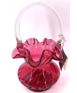 Fenton Cranberry Glass Basket Ruffled Crimped Rim Clear Handle 7-1/2&quot; - £85.65 GBP
