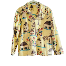 Chico&#39;s Design Denim Jacket Yellow House Pattern Size 1 Button Down Long Sleeve - £19.47 GBP