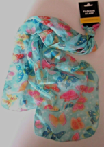 Butterfly BRIGHT Blue Fashion SCARF W/Colorful Butterflies 62&quot; x 9&quot; Bran... - $6.88