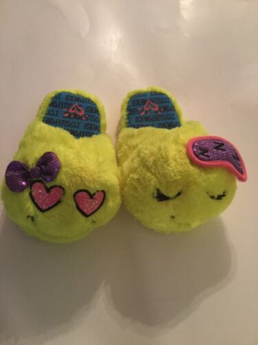 Size 2 3 Justice slippers happy face plush faux fur embroider glitter yellow - $13.00