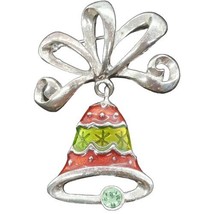 Holiday Chistmas Brooch Bell Dangle Bow Red Green Silver Marked TC - £8.21 GBP