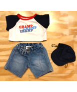 Build A Bear Boys Denim Shorts Champ T Shirt &amp; Navy Blue Cap Summer Spor... - £8.51 GBP