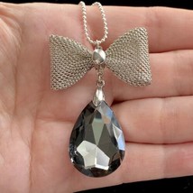 Pretty Bow Tie &amp; Rhinestone Teardrop Pendant Necklace Adjustable Length 21”-24” - £14.26 GBP