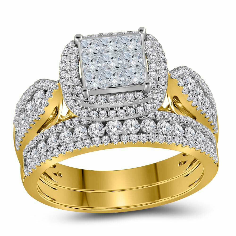 Primary image for 14kt Yellow Gold Princess Diamond Bridal Wedding Ring Band Set 1-1/2 Ctw