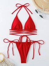 Elegant Red Micro Bikini with Black Crisscross Design - $50.55