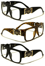 SQUARE CLASSIC GOLD LION HEAD MEDALLION SUNGLASSES CLEAR LENS SPORT RETR... - $8.50+