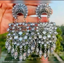 Kundan Earrings Chand Bali Silver Plated Jewelry Set Antique Islamic Ramdan - £10.63 GBP