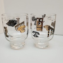 2 Vintage Libbey Curio Black Gold Telephone History Old Fashioned/Rock Glasses - £14.68 GBP