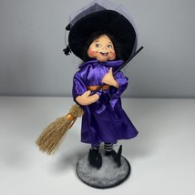 Annalee Halloween Witch With Broom Purple Satin Dress Super Cute! - £15.50 GBP