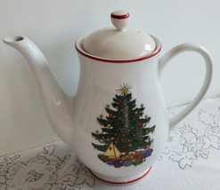 Cuthbertson American Christmas Tree Coffee Tea Pot Red Rim Wl Lid VTG  9&quot; - £15.28 GBP