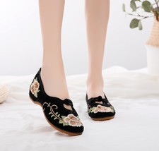 Retro Women Brown Embroidered Ballet Flats Vegan Chinese Style Comfortable Walki - £21.10 GBP