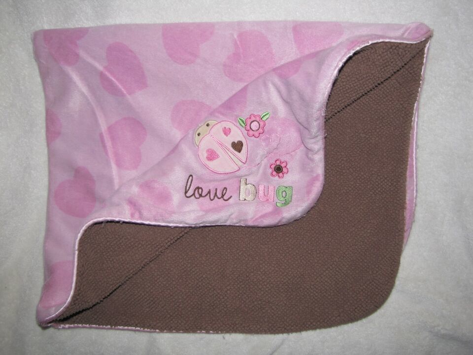 Carters Just one Year Love Bug Pink Heart Brown Sherpa Flower Baby Girl Blanket - £22.19 GBP