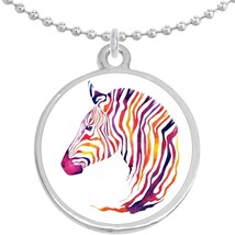 Colorful Zebra Watercolor Round Pendant Necklace Beautiful Fashion Jewelry - $10.77