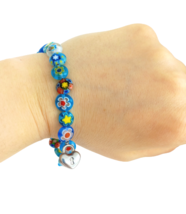 MURANO Blue glass beads bracelet Millefiori &amp; silver locked heart pendant Murrin - £19.87 GBP