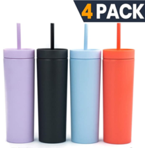 Tumblers with Lids (4 pack) 16oz Colored Acrylic Reusable Cups w/ Lids &amp; Straws - £23.41 GBP