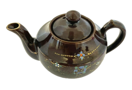 Redware Small Teapot Gold Trim Hand Painted Enamel Flowers Vintage Japan - £17.03 GBP