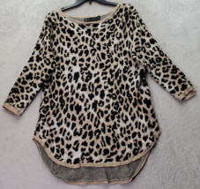 New York &amp; Company Sweater Women Medium Tan Animal Print Knit Cotton Long Sleeve - $16.59