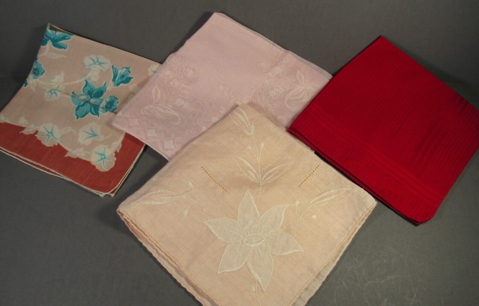 Primary image for VINTAGE Hankies Handkerchiefs Pink & Red & Turquoise Floral 4 qty 10-12" Sq.