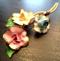 Enameled Vintage FLOWERS and Gold-tone Brooch Pin - 2 1/4 inches - $20.00