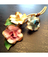 Enameled Vintage FLOWERS and Gold-tone Brooch Pin - 2 1/4 inches - £15.72 GBP