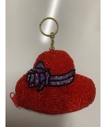 Red Hat change purse key chain beaded 4” x 3” with keychain 5” tall purple - $7.79