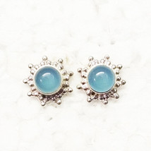 Natural BLUE CHALCEDONY Gemstone 925 Sterling Silver Jewelry Stud Earrings - £40.10 GBP