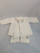 Handmade Crochet Baby Girl Top Jacket And Booties White Pink Embroidered Flowers - £22.26 GBP