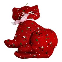 Vintage Russ Russ Stuffed Floral Holly Fabric Red Cat Christmas Ornament 3.5” - £14.88 GBP