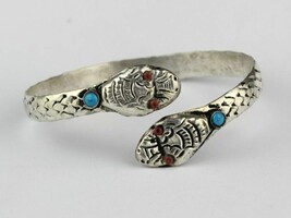 Tibetan 2 Snake King Cobra Head Turquoise Gemstone Red Coral Cuff Bracelet - $9.75