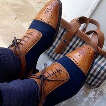 Handmade Spectator Semi Brogue Quarter Suede Leather Men&#39;s Oxford Wedding Shoes - £99.49 GBP