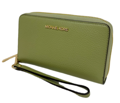 Michael Kors Jet Set Travel Phone Case Wallet Wristlet Army Green Leather FS - £67.66 GBP