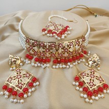 Bollywood Style Gold Plated Pearl Red Indian Choker Necklace Chik Jewelry Set - £22.50 GBP