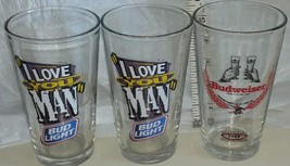 Beer Glasses 2 Bud Light I Love You Man &amp; 1 Budweiser Retro Serving Glass 1990&#39;s - £23.97 GBP
