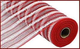  Metallic Stripe Deco Poly Mesh Ribbon 10.5 inch x 30 feet Red White Si - £24.89 GBP